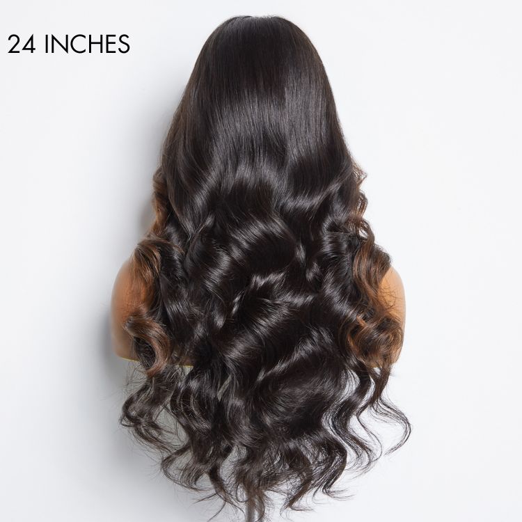 Classic and chic brown highlights loose body wave glueless 5x5 closure lace wig with adjustable straps and pre-bleached hairline