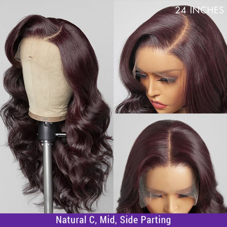 Classic dark plum body wave glueless wig with 5x5 HD lace closure, 100% human hair, 180% density, adjustable straps, left side part.