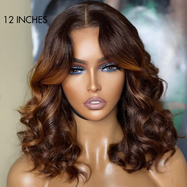 Elegant Brown Ombre loose wave short wig with HD lace, 100% human hair, glueless and adjustable straps.