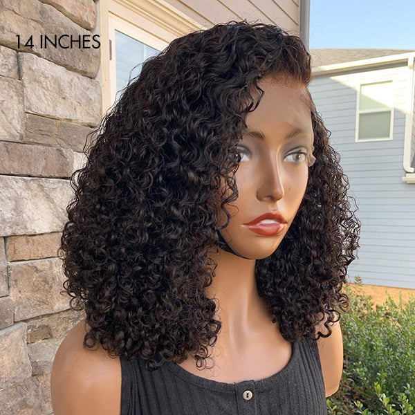 Full kinky curly 5x5 closure HD lace glueless side part neck length wig 100% human hair natural black