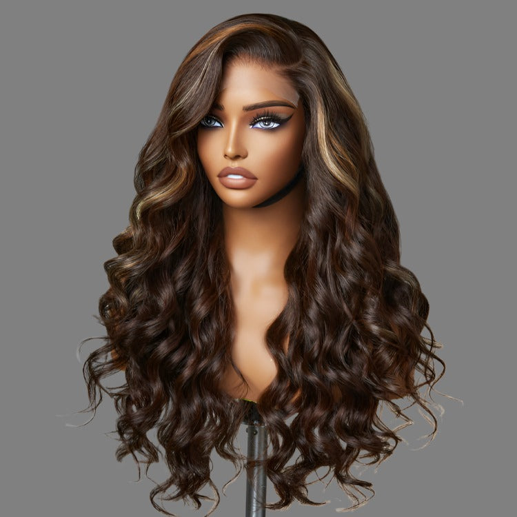 Beyon-Inspired | Blonde Brown Highlight Water Loose Wave 5x5 Closure Lace C Part Long Wig 100% Human Hair