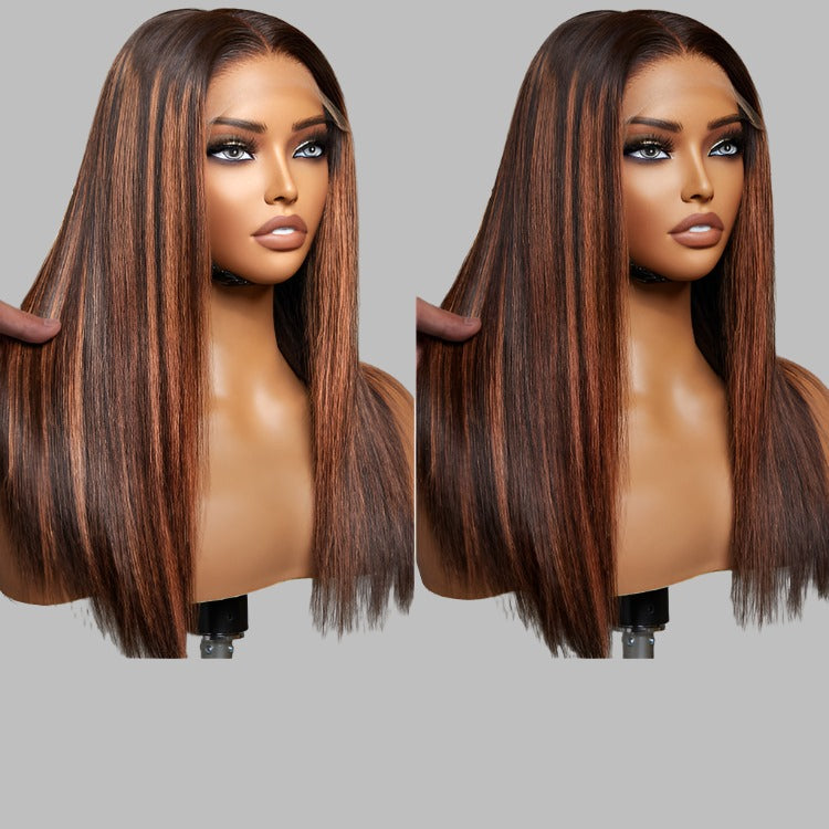 Classic copper ombre highlights silky straight glueless 5x5 closure lace wig with 180% density and adjustable straps