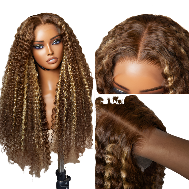 1 SEC INSTALL WIG | Honey Blonde Highlight Kinky Curly Glueless 5x5 Closure HD Lace Wig Breathable Cap