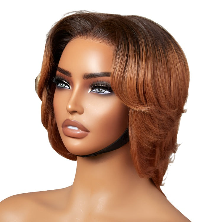 Elegant 1 SEC INSTALL WIG short pixie cut in natural black and ombre brown with glueless HD lace and adjustable straps