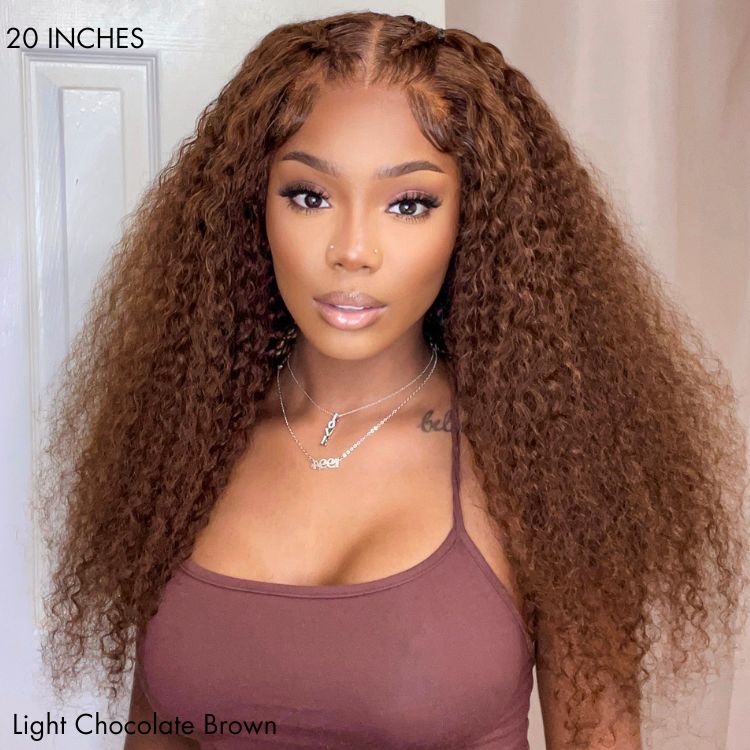 Chocolate brown long curly glueless 5x5 closure wig made of 100% human hair