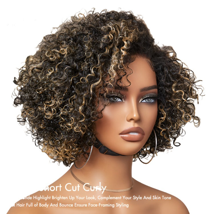 1 SEC INSTALL WIG | Honey Blonde Highlight Kinky Curly Glueless Minimalist HD Lace Classic Short Wig