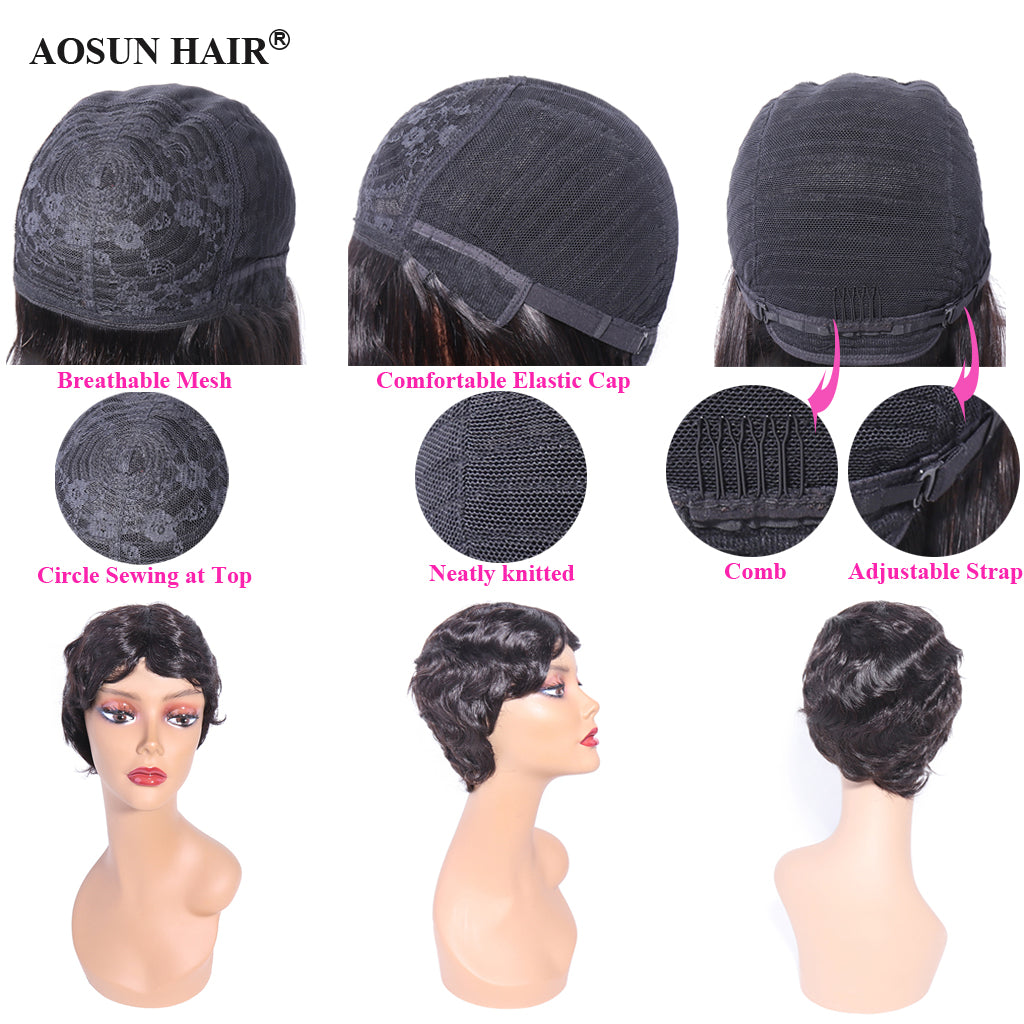 Aosun Short Machine Made Wig None Lace Human Hair Wavy Wigs 130% Density Wear To Go