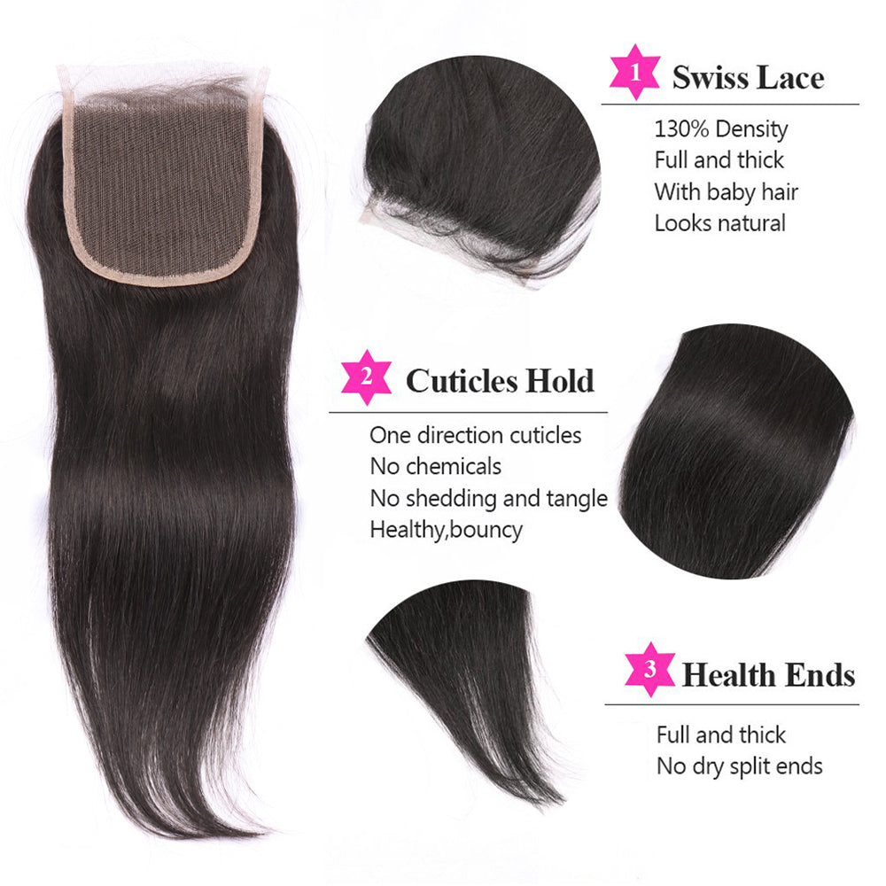 100% Unprocessed Human Hair Brazilian Lace Closure Straight Hair 4x4 Free Part Lace Closure Natural Black