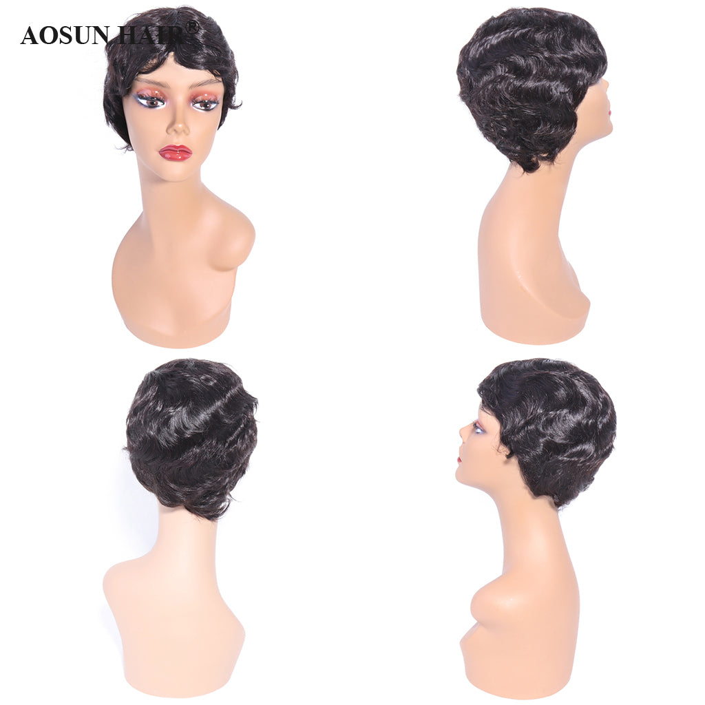 Aosun Short Machine Made Wig None Lace Human Hair Wavy Wigs 130% Density Wear To Go