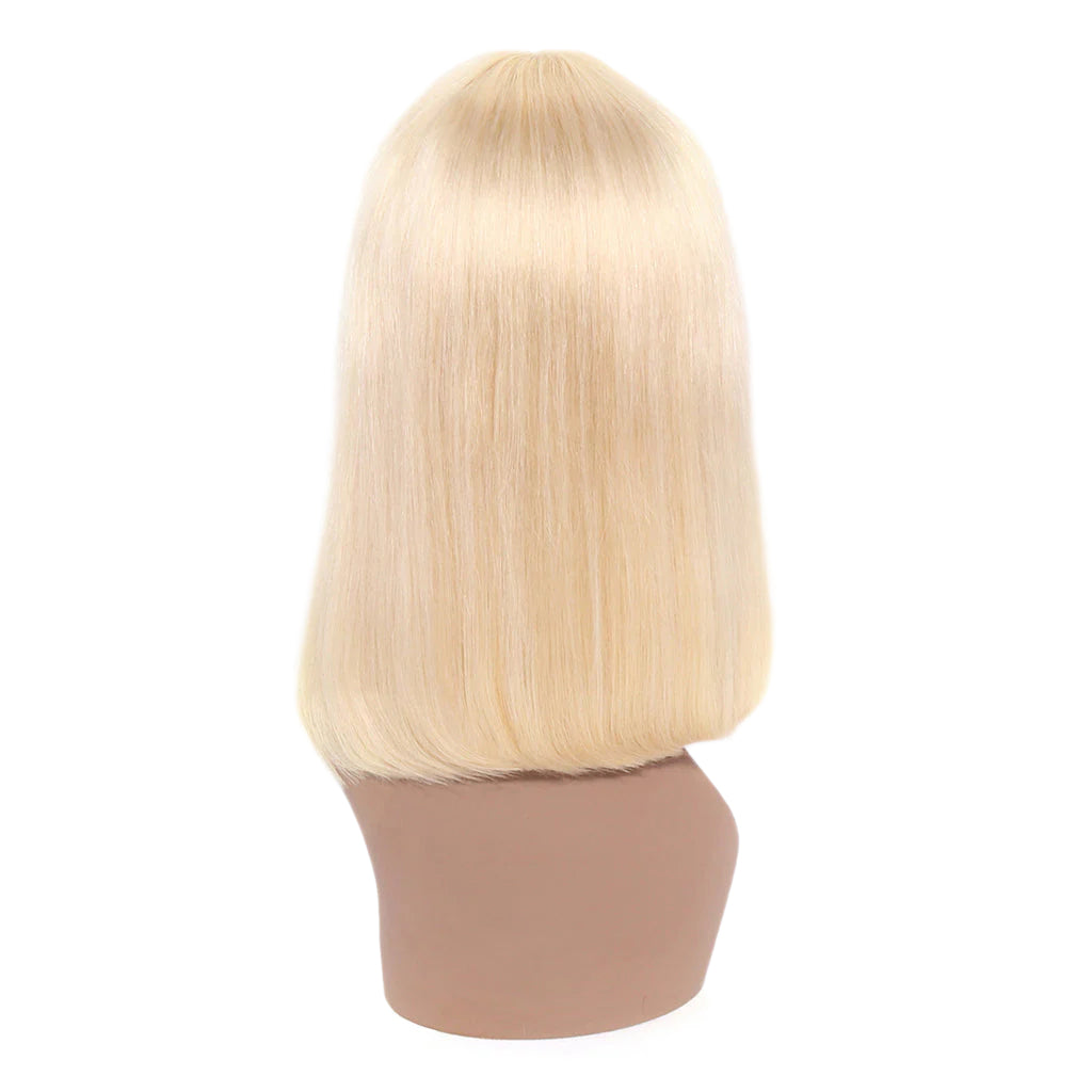 613 Bob Wig with Bangs Glueless 150% Density Brazilian Human Hair None Lace Machine Made Blonde Straight Wigs
