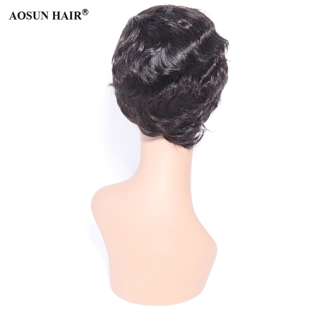 Aosun Short Machine Made Wig None Lace Human Hair Wavy Wigs 130% Density Wear To Go
