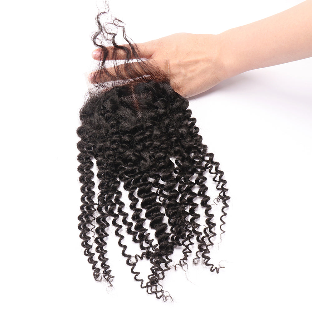 100% Unprocessed Peruvian Hair Kinky Curly 3 Bundles with 4x4 Closure Curly Weft Extensions Weaves Natural Black