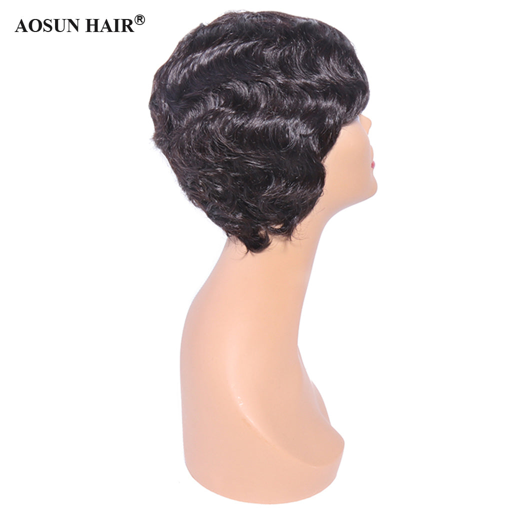 Aosun Short Machine Made Wig None Lace Human Hair Wavy Wigs 130% Density Wear To Go