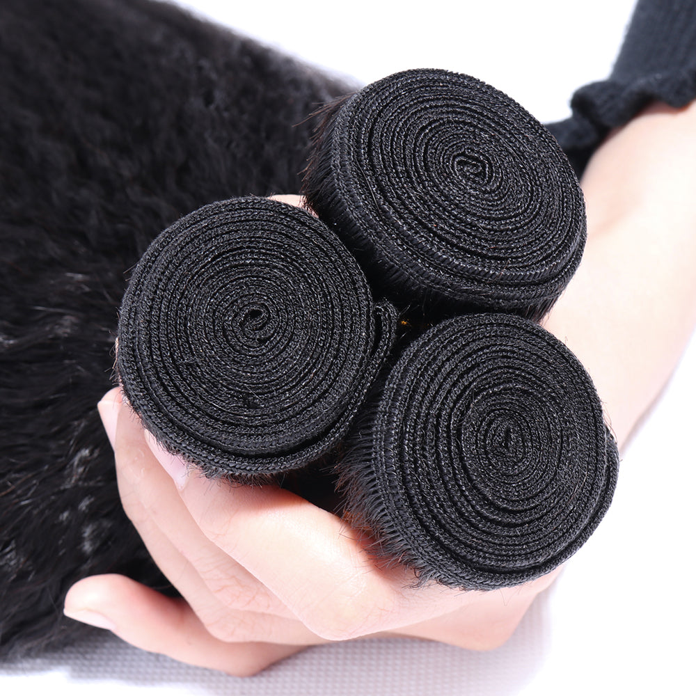 100% Unprocessed Brazilian Virgin Kinky Straight Human Hair 3 Bundles with 13x4 Lace Frontal Natural Black Color Hair Extension