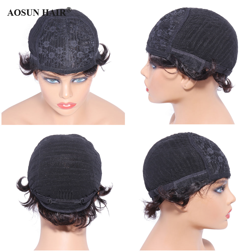 Aosun Short Machine Made Wig None Lace Human Hair Wavy Wigs 130% Density Wear To Go