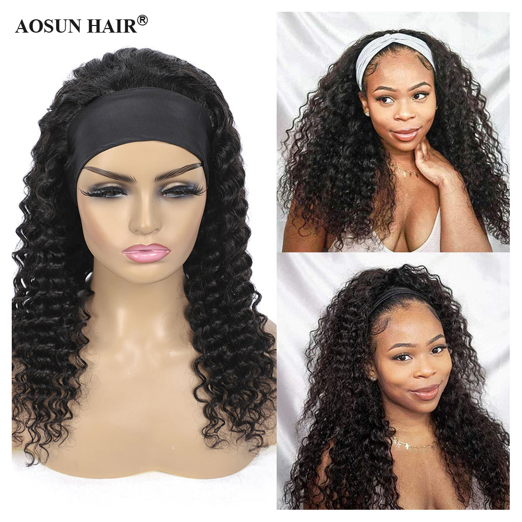 Brazilian Hair Deep Wave Headband Wig None Lace Glueless Human Hair Wigs