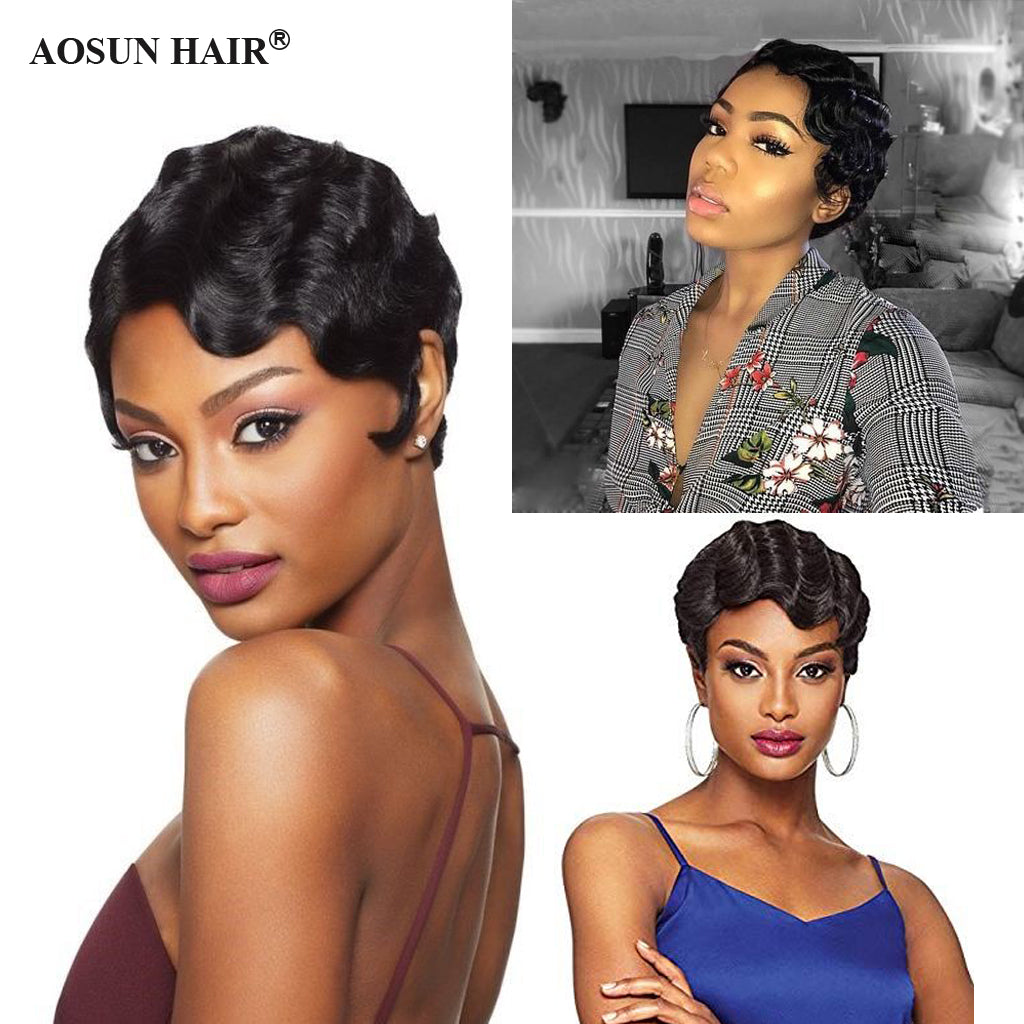 Aosun Short Machine Made Wig None Lace Human Hair Wavy Wigs 130% Density Wear To Go