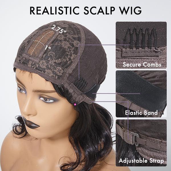 Beginner friendly water wave short lace wig with bangs, 100% human hair, natural black, glueless design