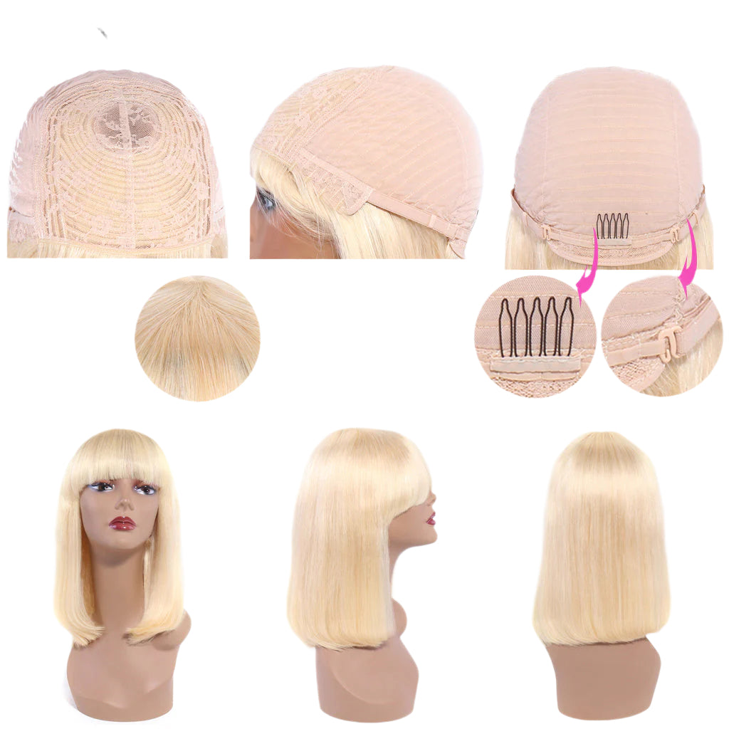 613 Bob Wig with Bangs Glueless 150% Density Brazilian Human Hair None Lace Machine Made Blonde Straight Wigs