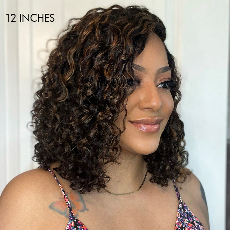 Crazy Wednesday | Casual Blonde Highlights Curly Minimalist HD Lace Glueless C Part Short Wig 100% Human Hair