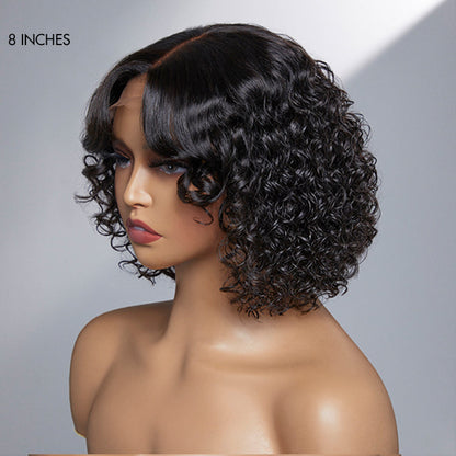Casual Bouncy Curly 4x4 Closure Lace Glueless Short Wig with Bangs 100% Human Hair | Face-Framing