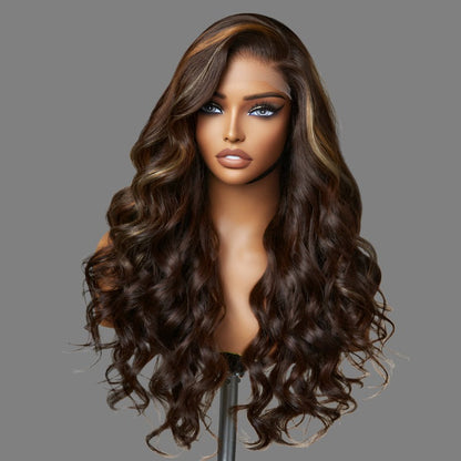Beyon-Inspired | Blonde Brown Highlight Water Loose Wave 5x5 Closure Lace C Part Long Wig 100% Human Hair