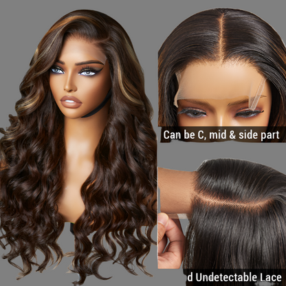 Beyon-Inspired | Blonde Brown Highlight Water Loose Wave 5x5 Closure Lace C Part Long Wig 100% Human Hair
