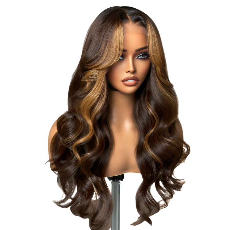 Breathable Cap Brown Highlight Loose Wave Glueless 5x5 Closure HD Lace Wig with Curtain Bangs