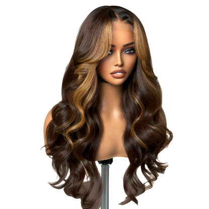 Breathable Cap Brown Highlight Loose Wave Glueless 5x5 Closure HD Lace Wig with Curtain Bangs