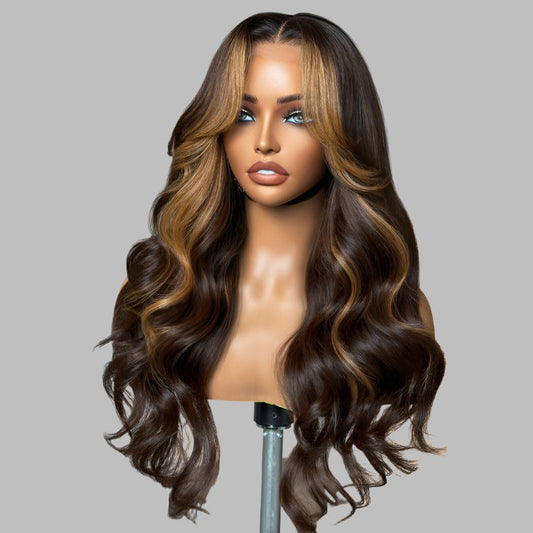 Breathable Cap Brown Highlight Loose Wave Glueless 5x5 Closure HD Lace Wig with Curtain Bangs