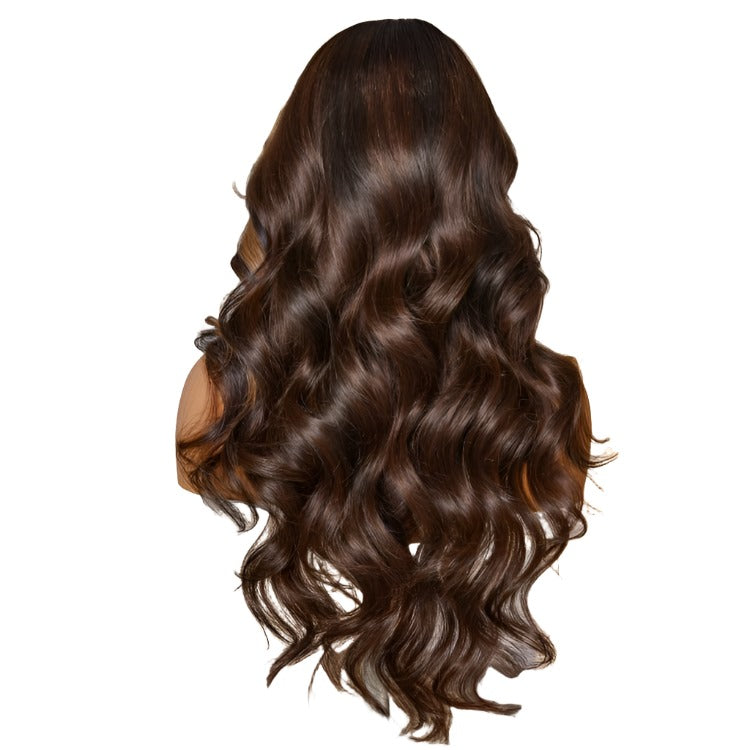 Breathable Cap Brown Highlight Loose Wave Glueless 5x5 Closure HD Lace Wig with Curtain Bangs