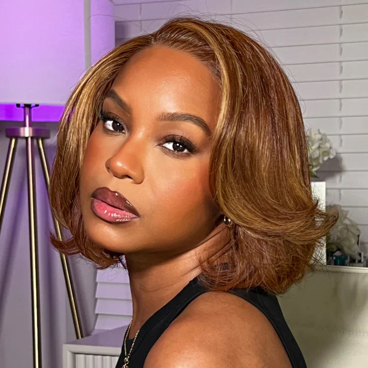 Limited Design | Toffee Brown Mix Blonde / Natural Black Layered Cut Glueless 5x5 Closure Lace Bob Wig