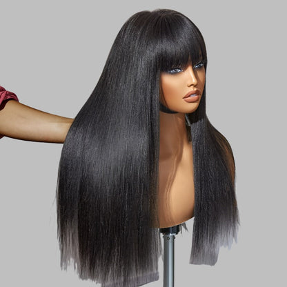 Breathable Cap Yaki Straight Ultra Natural Minimalist Undetectable Lace Long Wig with Bangs