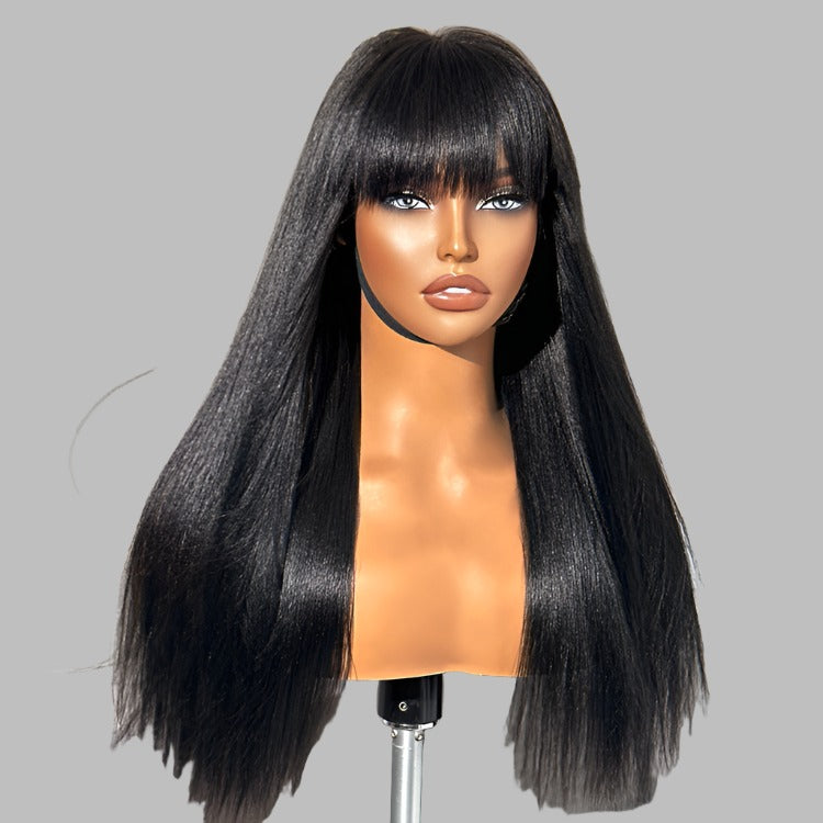 Breathable Cap Yaki Straight Ultra Natural Minimalist Undetectable Lace Long Wig with Bangs