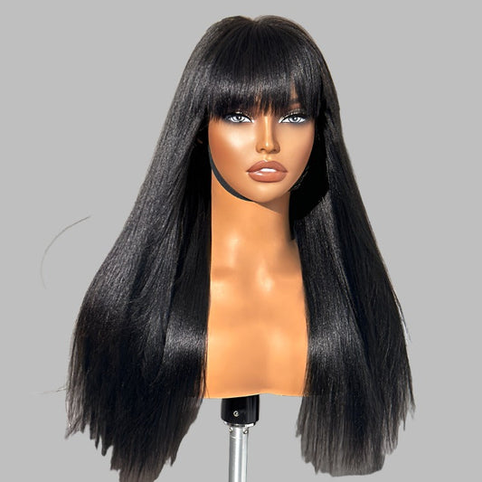 Breathable Cap Yaki Straight Ultra Natural Minimalist Undetectable Lace Long Wig with Bangs