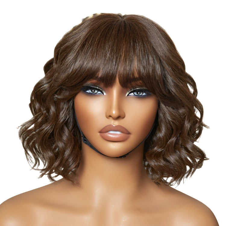 Beginner Friendly Brown Loose Wave Glueless Minimalist Lace Short Wig with Bangs Ready to Go