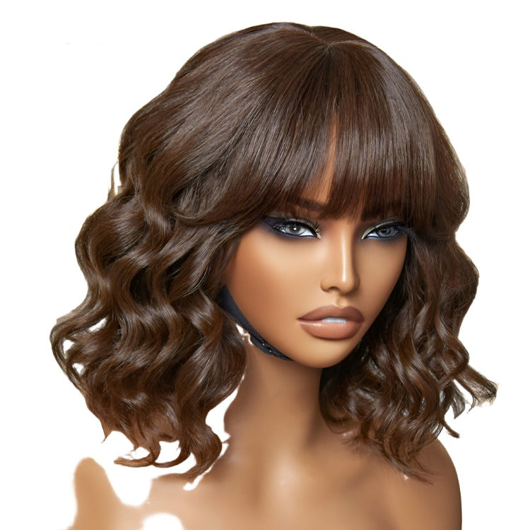 Beginner Friendly Brown Loose Wave Glueless Minimalist Lace Short Wig with Bangs Ready to Go