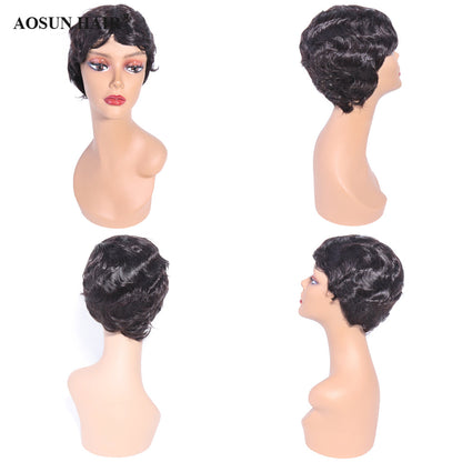 Aosun Short Machine Made Wig None Lace Human Hair Wavy Wigs 130% Density Wear To Go