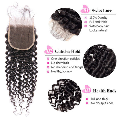 Brazilian Deep Wave 4x4 Lace Closure Free Part Deep Curly Human Hair Accessories Naturl Black Soft and Smooth