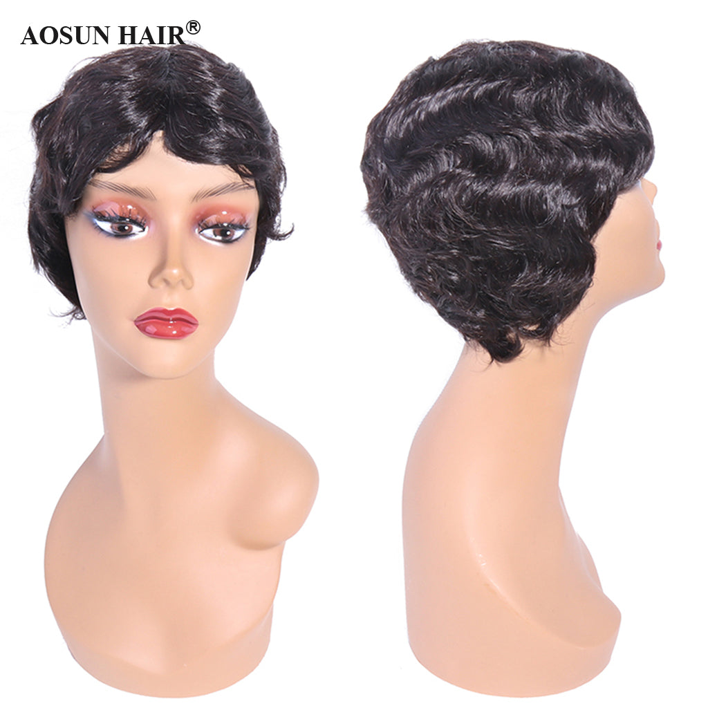 Aosun Short Machine Made Wig None Lace Human Hair Wavy Wigs 130% Density Wear To Go