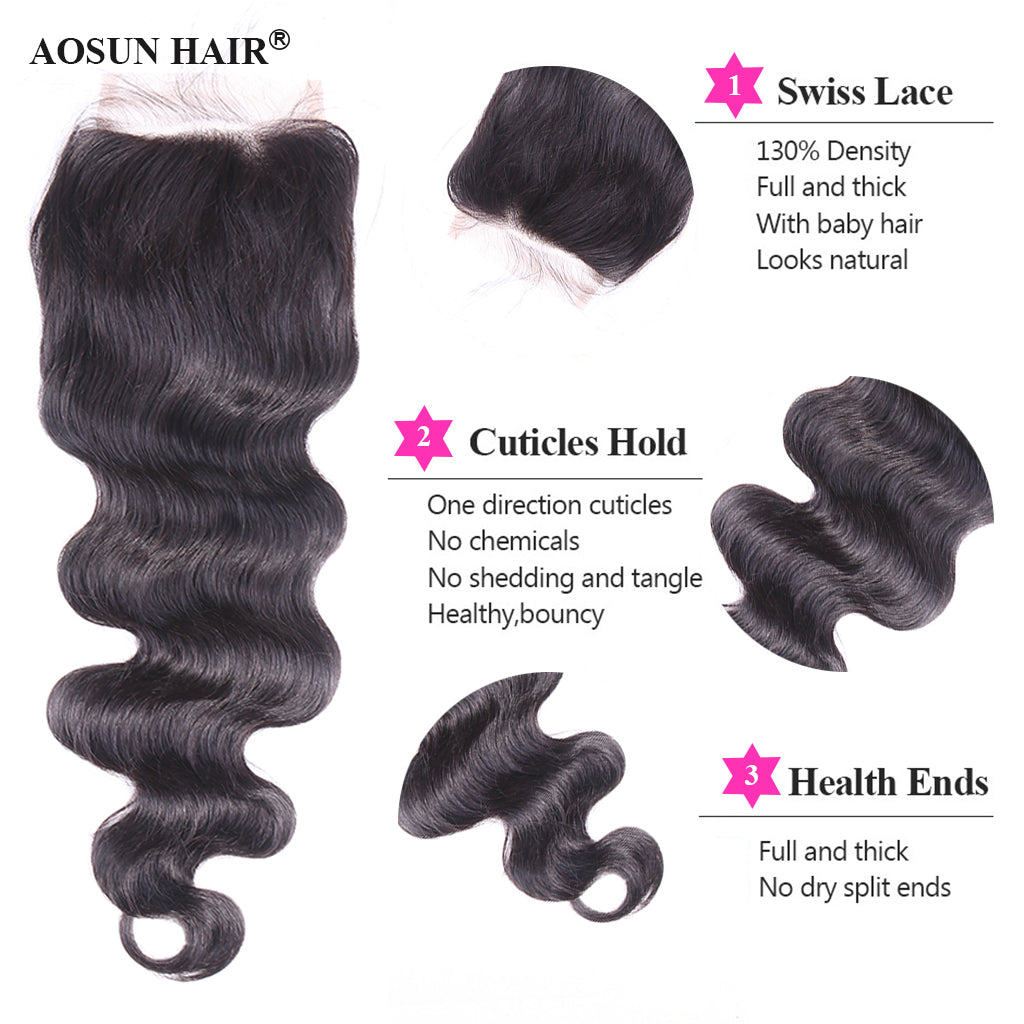 Aosun Human Hair Bundles With Closure 3 Bundles Body Wave Brazilian Hair With Swiss Lace Closure