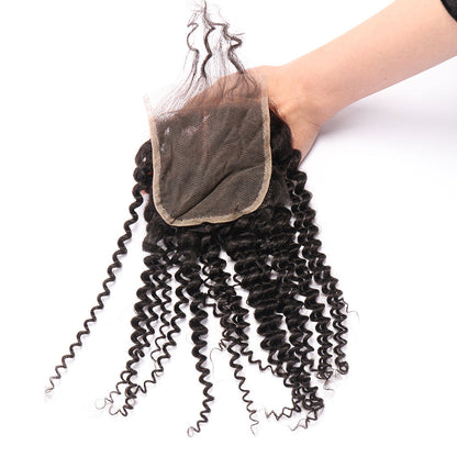 100% Unprocessed Peruvian Hair Kinky Curly 3 Bundles with 4x4 Closure Curly Weft Extensions Weaves Natural Black