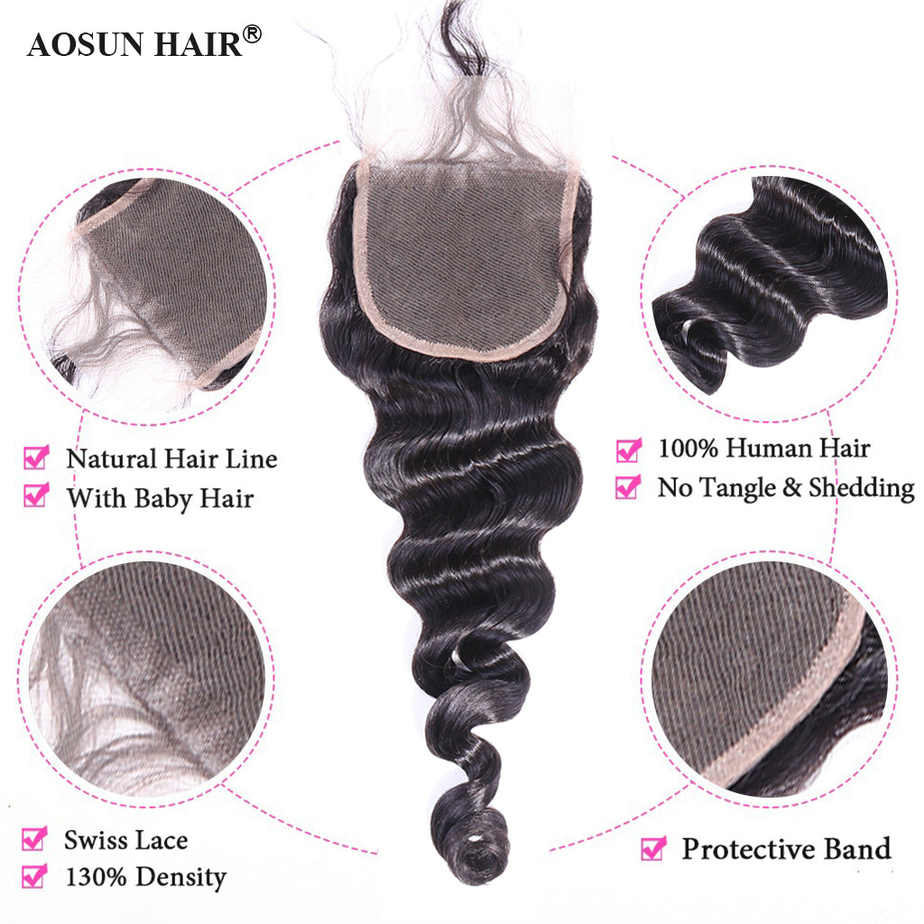 Aosun Brazilian Hair Loose Wave Bundles with Closure 100% Natural with Free Shipping