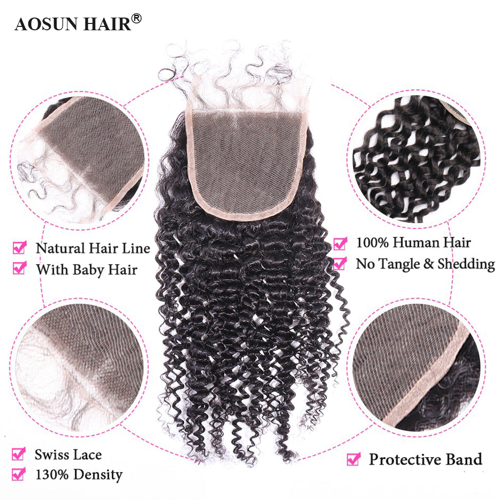 Aosun Hair Kinky Curly Bundles With Closure 3 Bundles Virgin Human Hair Free Shipping