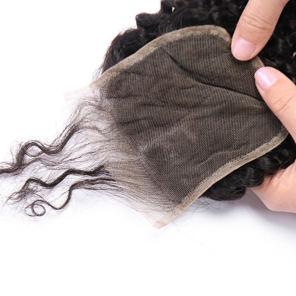 100% Unprocessed Peruvian Hair Kinky Curly 3 Bundles with 4x4 Closure Curly Weft Extensions Weaves Natural Black