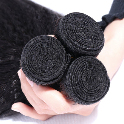 100% Unprocessed Brazilian Virgin Kinky Straight Human Hair 3 Bundles with 13x4 Lace Frontal Natural Black Color Hair Extension