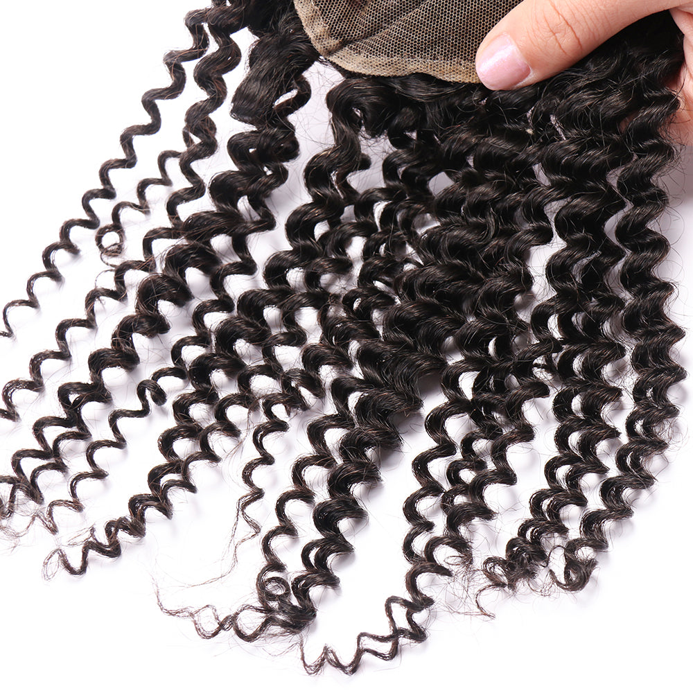 100% Unprocessed Peruvian Hair Kinky Curly 3 Bundles with 4x4 Closure Curly Weft Extensions Weaves Natural Black