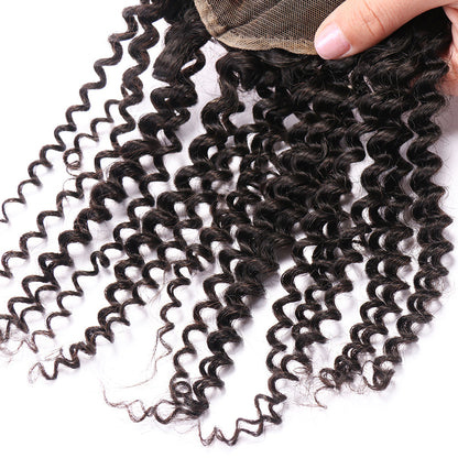 100% Unprocessed Peruvian Hair Kinky Curly 3 Bundles with 4x4 Closure Curly Weft Extensions Weaves Natural Black