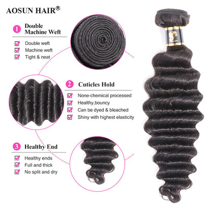 Aosun Brazilian Virgin Hair Bundles with Closure Loose Deep Wave Human Hair