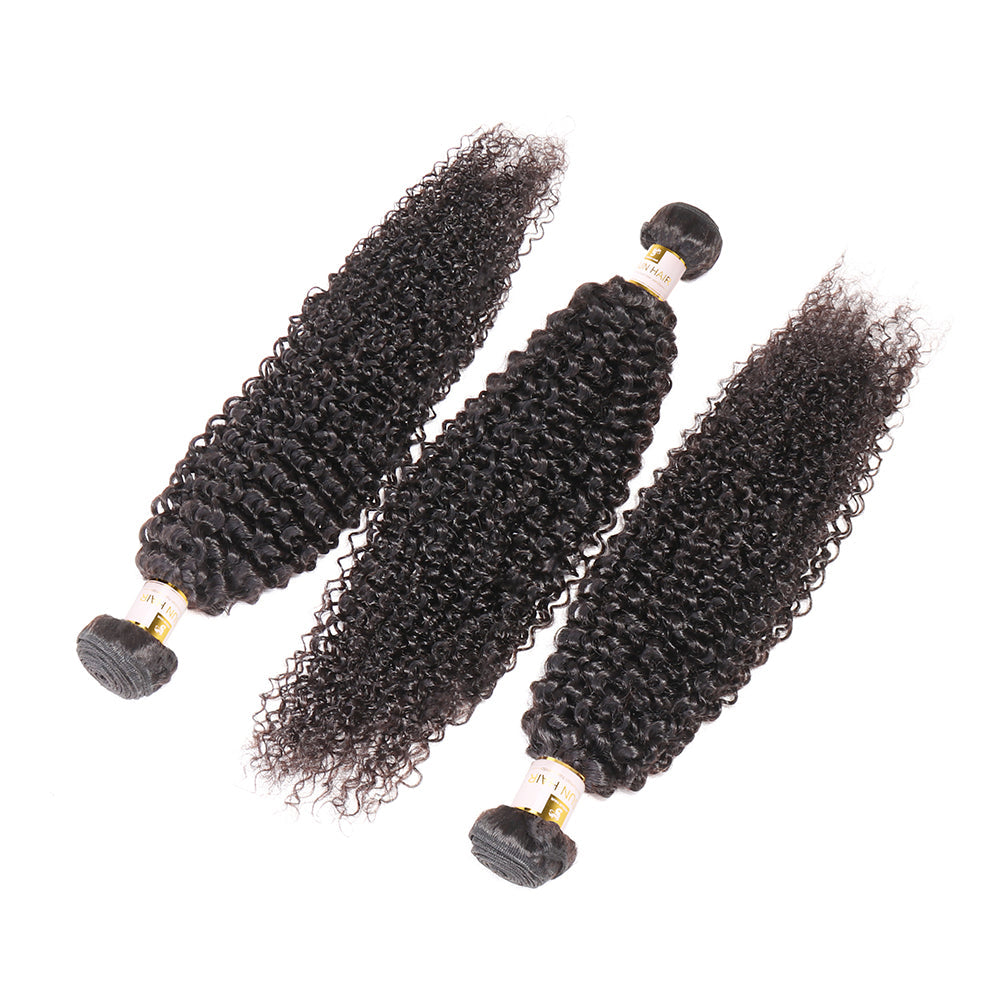 100% Unprocessed Peruvian Hair Kinky Curly 3 Bundles with 4x4 Closure Curly Weft Extensions Weaves Natural Black